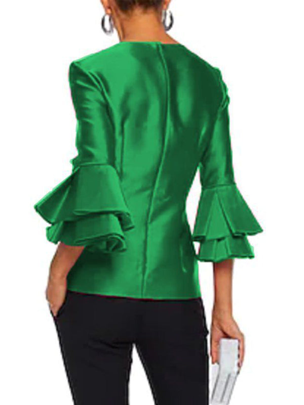 Pleated Solid Color Split-Joint Flared Sleeves Long Sleeves Round-Neck T-Shirts Tops