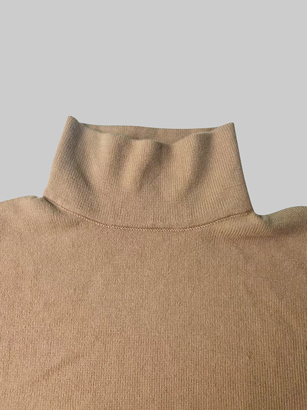 Solid Color Long Sleeves Loose High Neck Sweater Dresses Midi Dresses