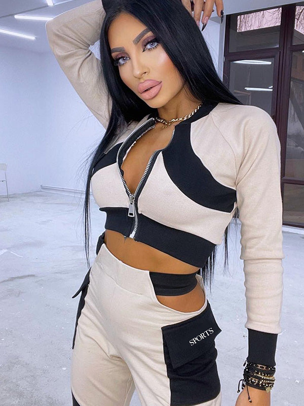 Color-Block Zipper Slim Leisure Long Sleeve Hollow Athletic Sport Suits
