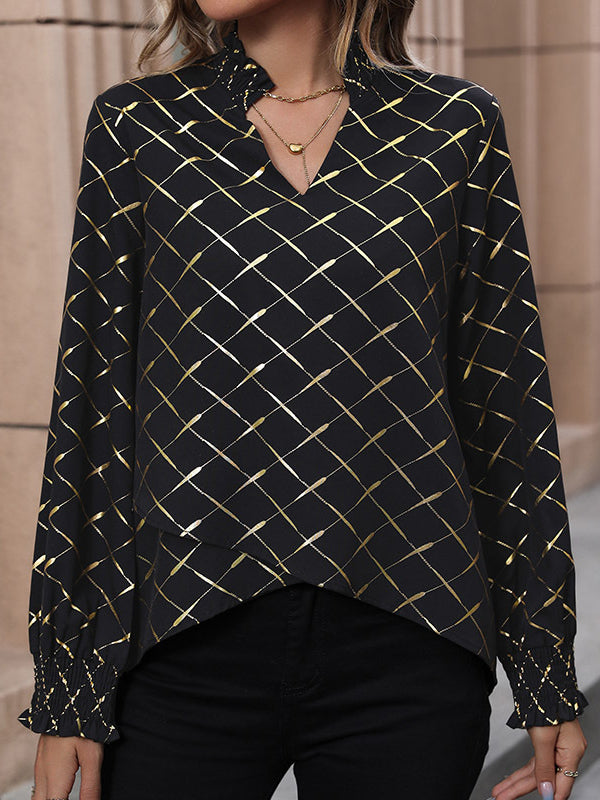 Bronzing Contrast Color High-Low Wrap High-Neck Blouses&Shirts Tops