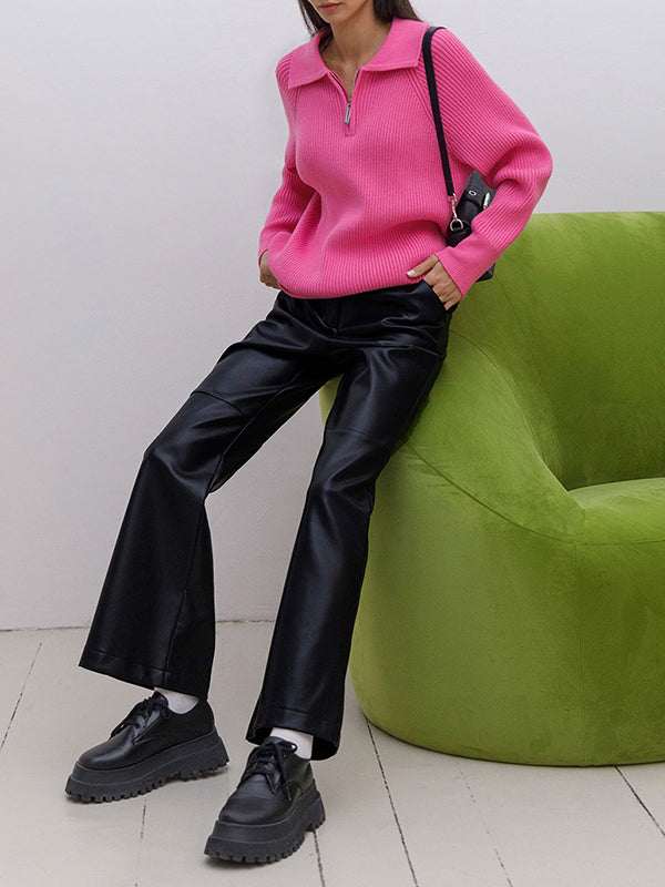 Solid Color Zipper Long Sleeves Loose Lapel Sweater Tops Pullovers