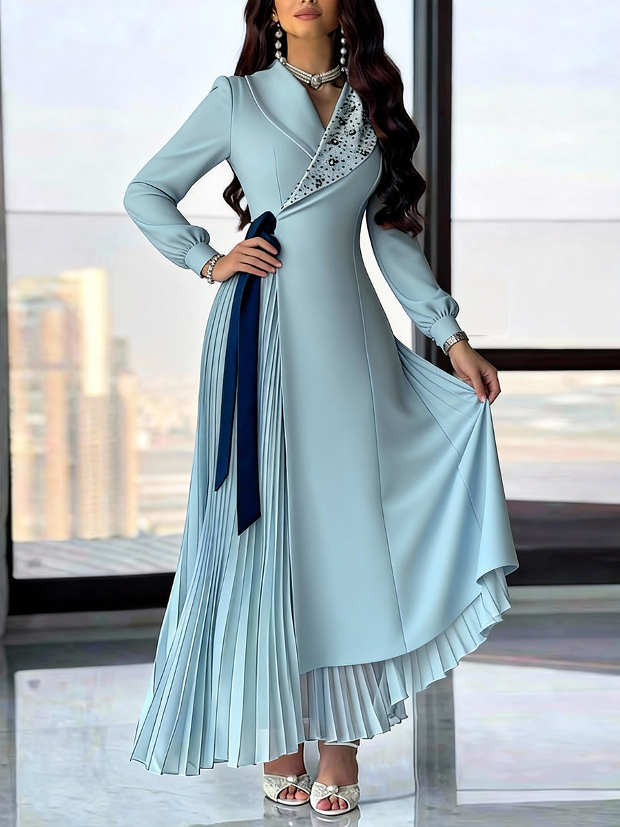 Asymmetric Contrast Color Pleated Rhinestone Shiny Split-Joint Streamer Elasticated Waist High Waisted Lapel Maxi Dresses