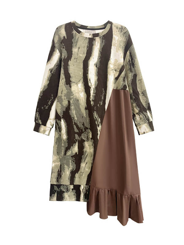 Asymmetric Contrast Color Ruffled Split-Joint Long Sleeves Loose Round-Neck Midi Dresses