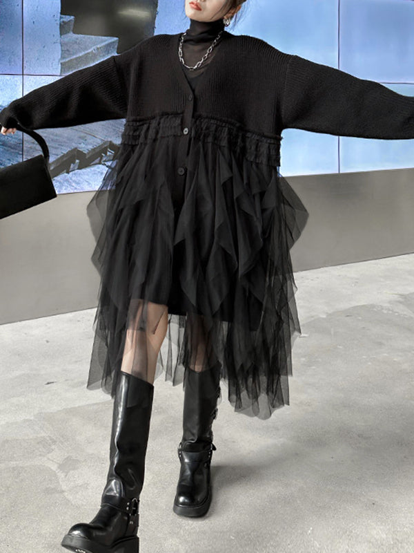 Buttoned Pleated Solid Color Split-Joint Tulle Velvet Long Sleeves Loose V-Neck Cardigan Tops