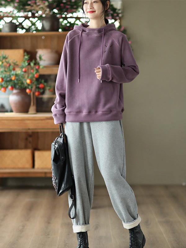 Simple Long Sleeves Loose Velvet Keep Warm Solid Color Hoodies Tops