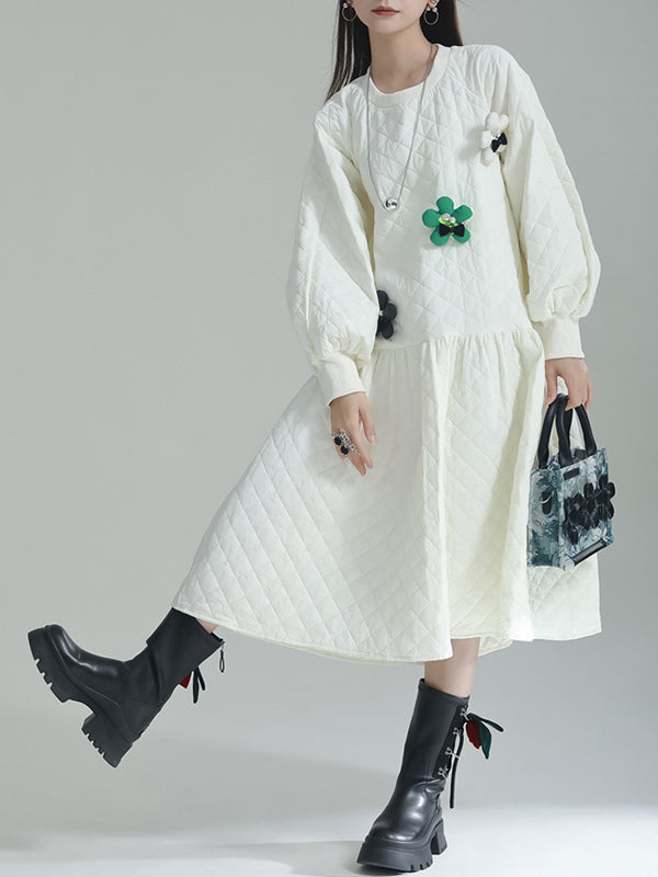 Pleated Quilted Split-Joint Long Sleeves Loose Round-Neck Midi Dresses