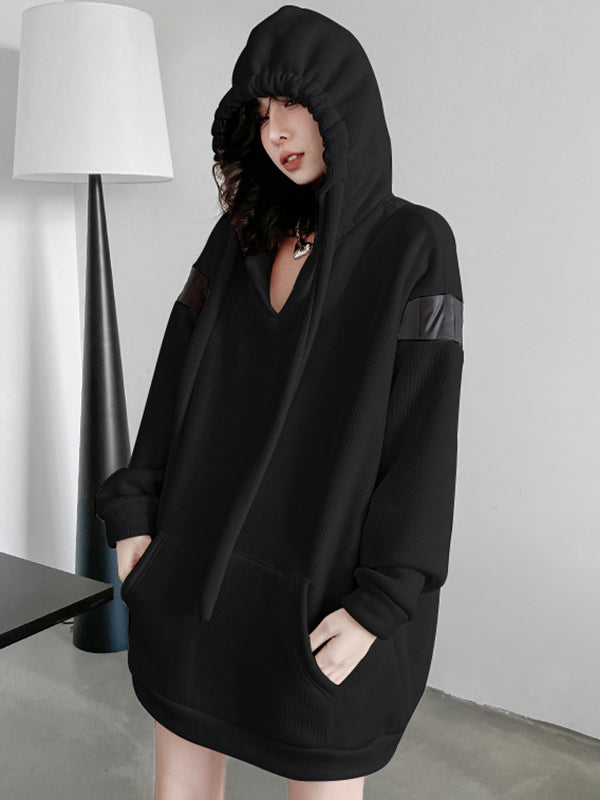 Contrast Color Drawstring Pockets Velvet Long Sleeves Loose Hoodies Tops