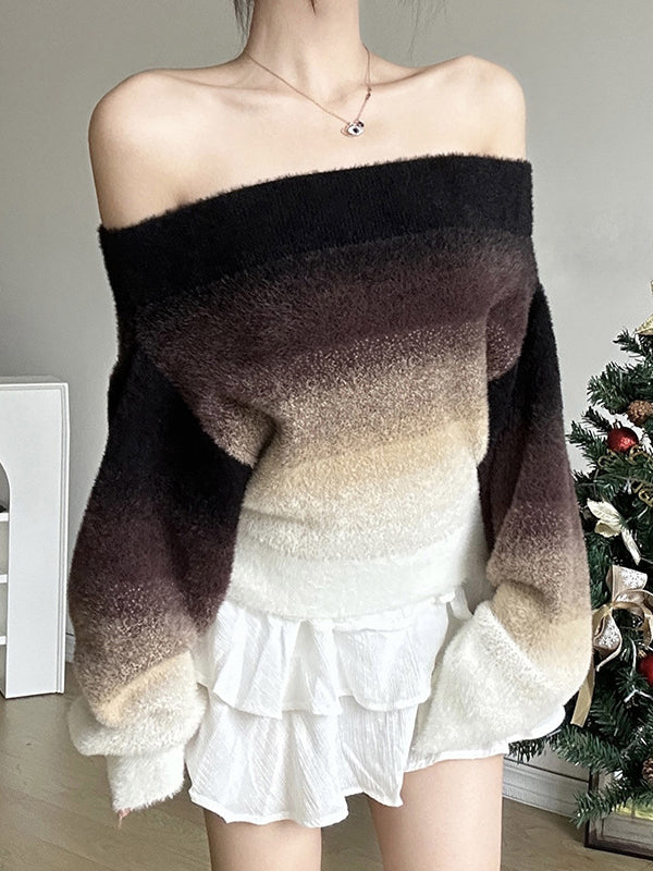 Gradient Split-Joint Velvet Long Sleeves Loose Off-The-Shoulder Sweater Tops