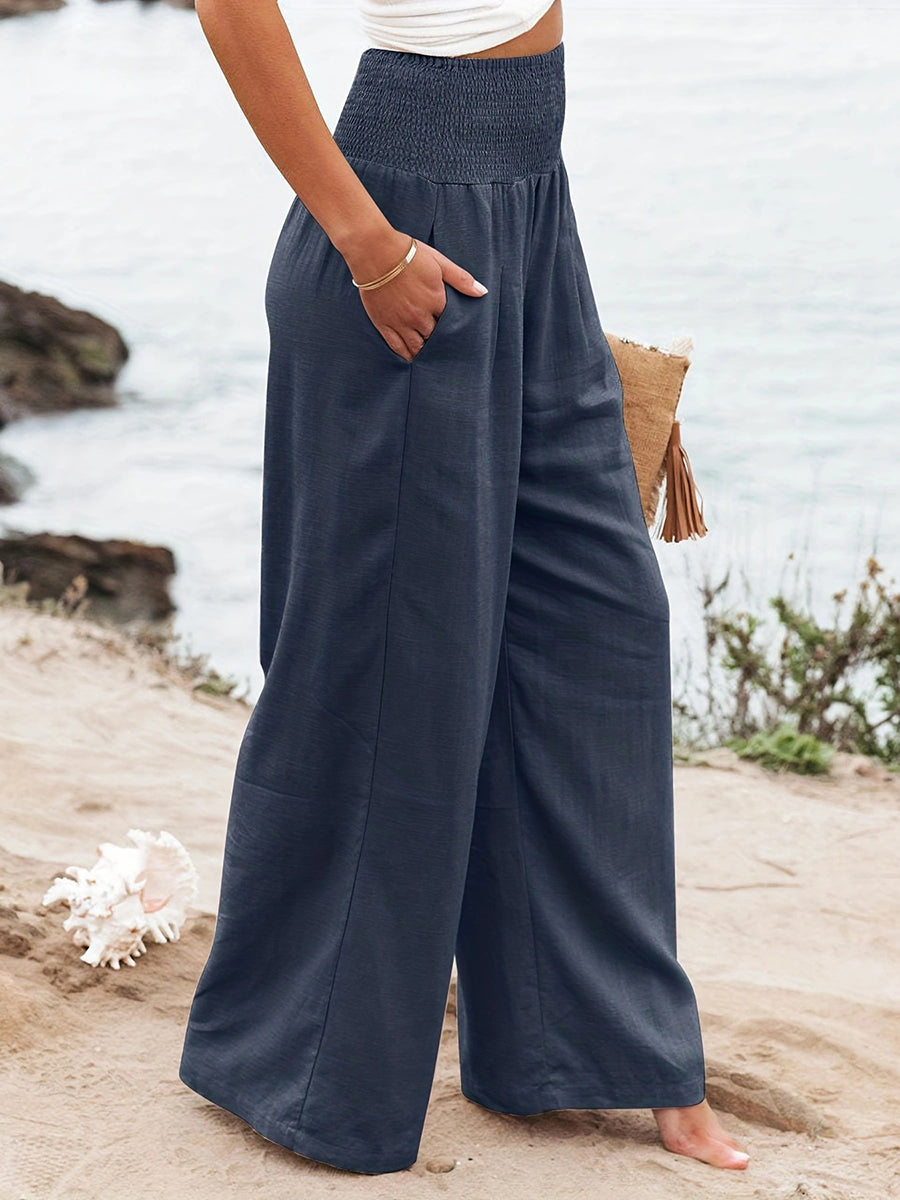 Pleated Pockets Solid Color Split-Joint Elasticated Waist High Waisted Pants