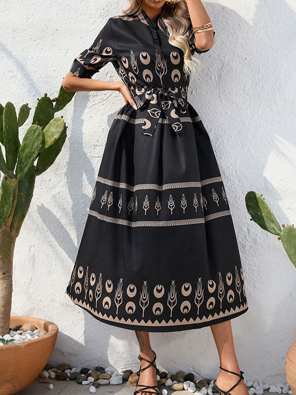 Buttoned Tied Waist A-Line Half Sleeves Lapel Midi Dresses