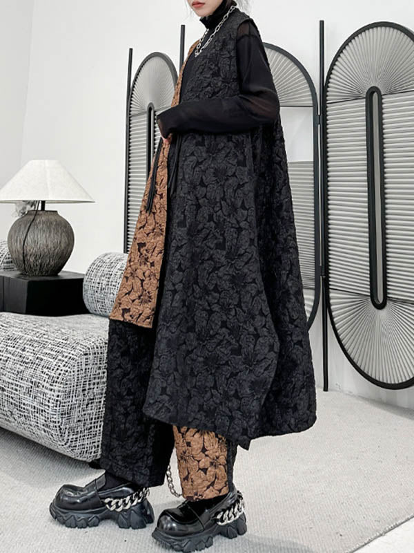 Jacquard A-Line High-Low Asymmetric Contrast Color Vest Top + Elasticity Pants Bottom Two Pieces Set