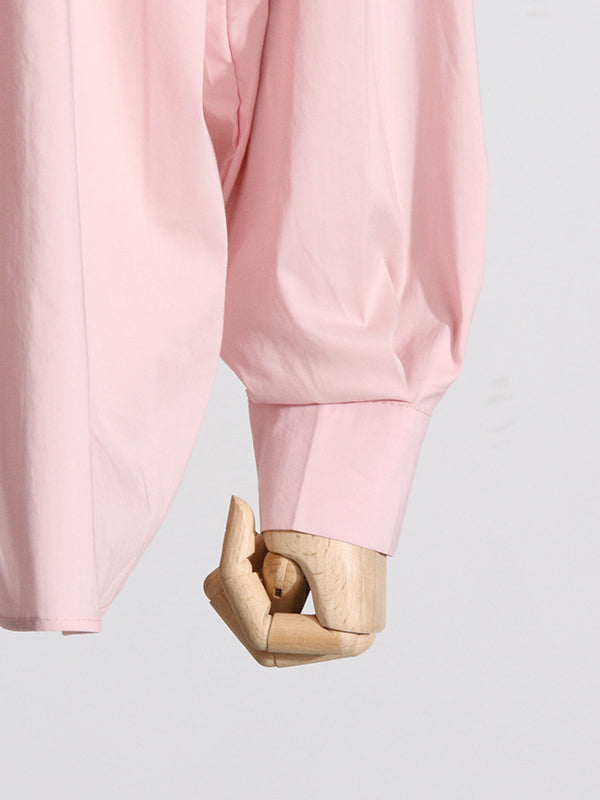 Asymmetric Buttoned Pleated Solid Color Split-Joint Three-Dimensional Flower Long Sleeves Loose Lapel Blouses&Shirts Tops