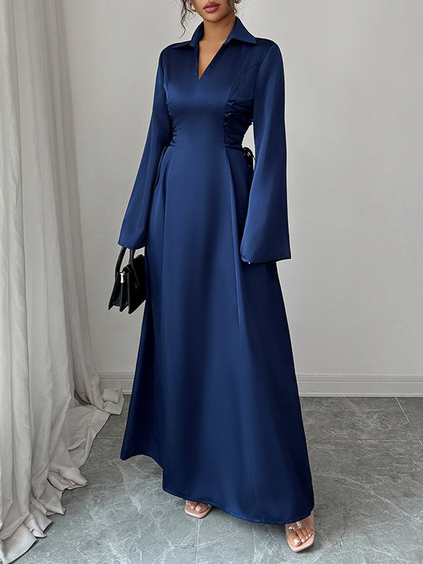 Solid Color Tied Flared Sleeves High Waisted Lapel Maxi Dresses