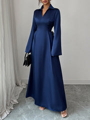 Solid Color Tied Flared Sleeves High Waisted Lapel Maxi Dresses
