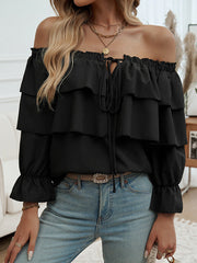 Layered Pleated Solid Color Split-Joint Tied Long Sleeves Loose Off-The-Shoulder Blouses&Shirts Tops