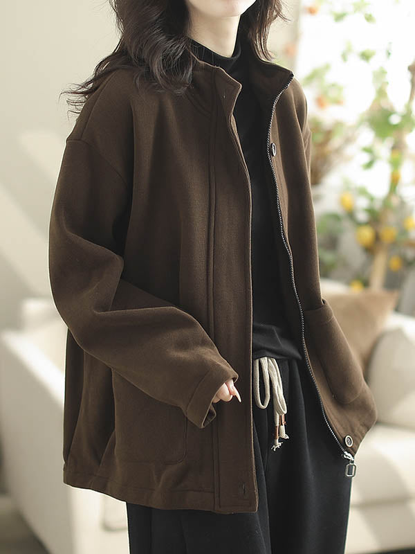 Buttoned Keep Warm Pockets Split-Joint Velvet Zipper Long Sleeves Loose Stand Collar Outerwear