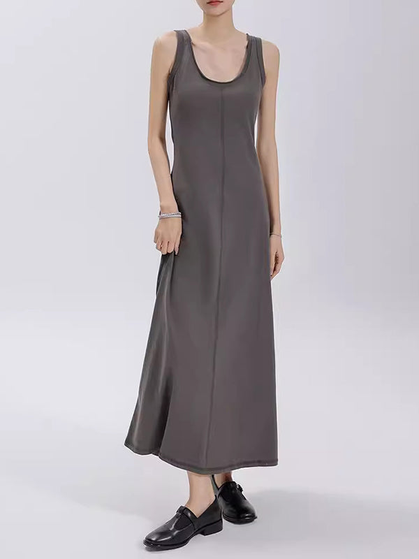 Solid Color Split-Joint Loose Sleeveless Round-Neck Maxi Dresses