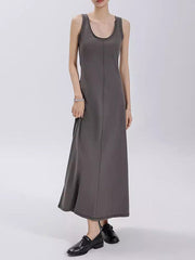Solid Color Split-Joint Loose Sleeveless Round-Neck Maxi Dresses