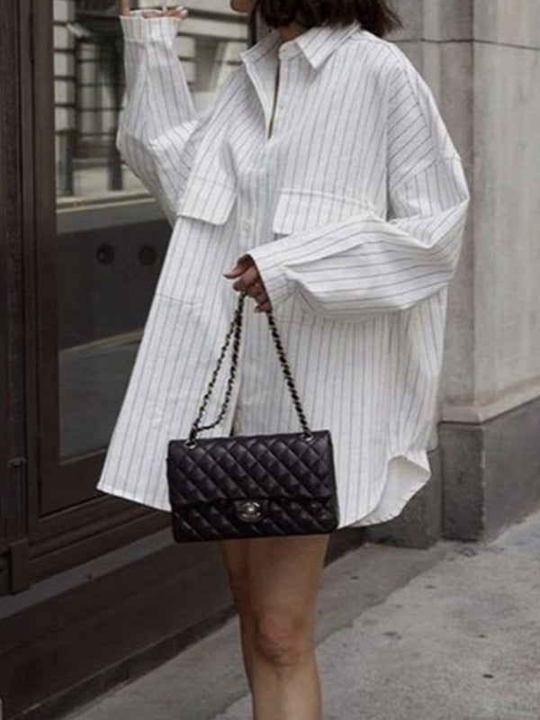 Buttoned Striped Long Sleeves Loose Lapel Blouses&Shirts Tops