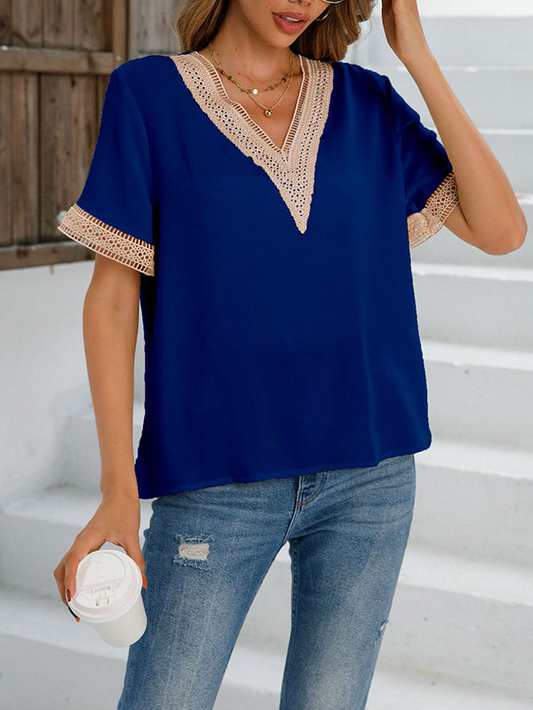 Hollow Split-Joint Loose Short Sleeves V-Neck T-Shirts