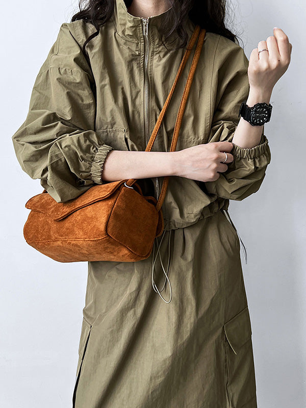 Solid Color Zipper Long Sleeves Loose Drawstring Elasticity Pockets Stand Collar Jacket Top + Split-Back Skirts Bottom Two Pieces Set