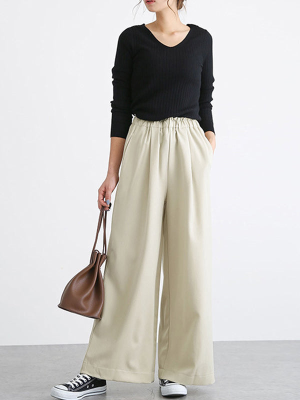 Elasticity Solid Color Split-Joint Wide Side High Waisted Wide Leg Trousers Pants