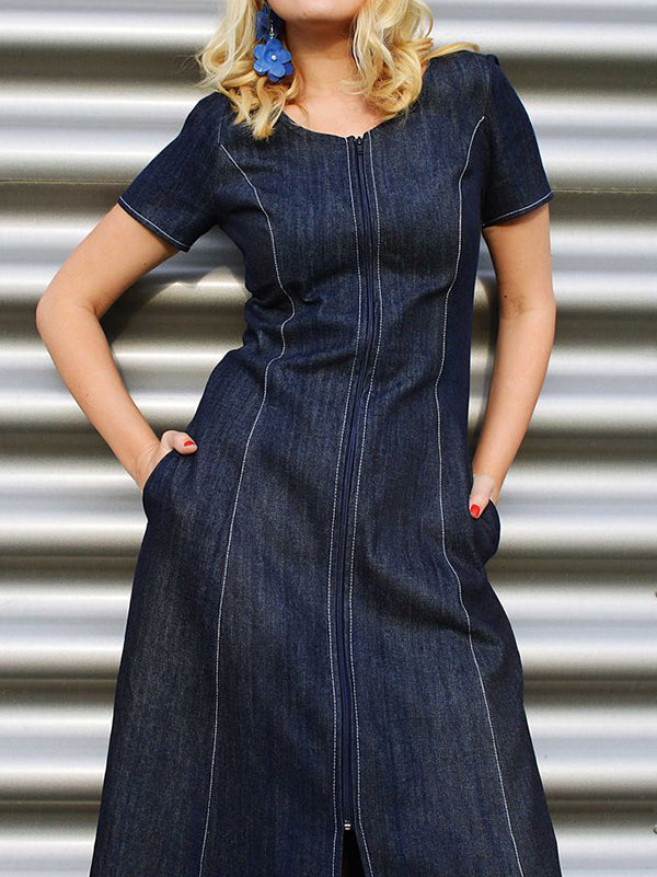 Pockets Split-front Split-Joint Zipper A-line Loose Round-neck Maxi Dresses