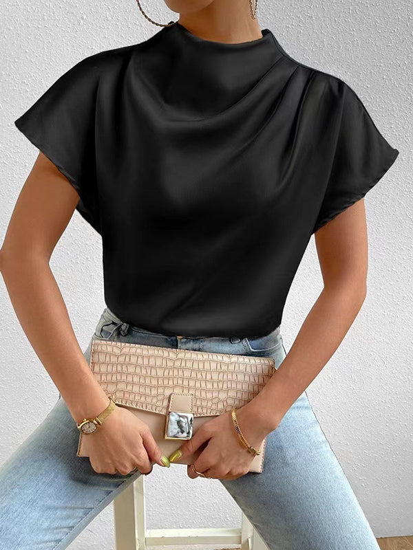Pleated Solid Color Loose Short Sleeves Mock Neck T-Shirts Tops