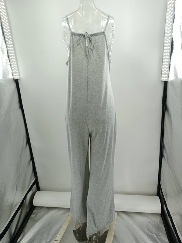 Pockets Solid Color Split-Joint Loose Sleeveless Round-Neck Jumpsuits