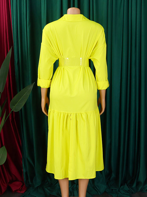Pleated Split-Joint Tied Waist High-Low Loose Lapel Shirt Dress Midi Dresses