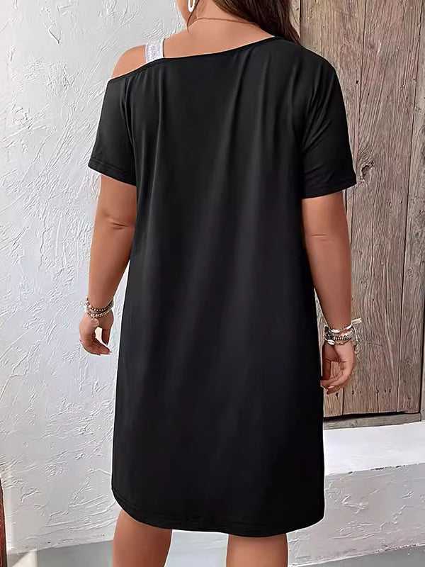 Asymmetric Contrast Color Split-Joint A-Line Loose Cold Shoulder Midi Dresses