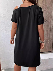 Asymmetric Contrast Color Split-Joint A-Line Loose Cold Shoulder Midi Dresses