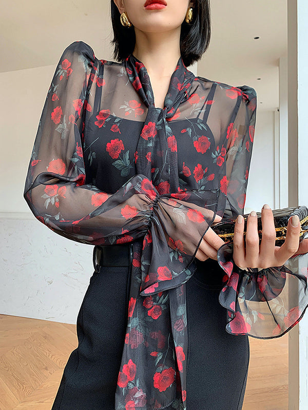 Elasticity Flower Print Mesh Tied Flared Sleeves Long Sleeves V-Neck Blouses&Shirts Tops
