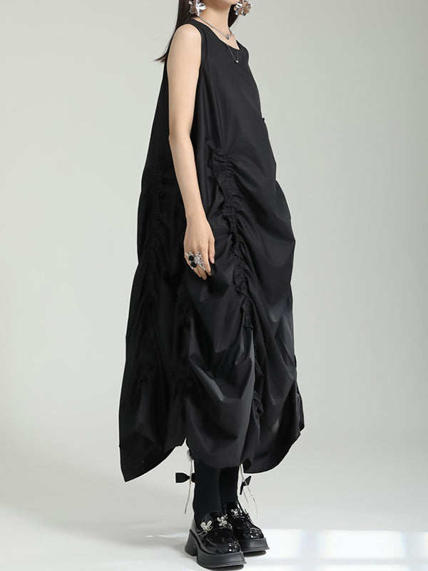 Solid Color Irregular clipping Loose Round-neck Midi Dresses