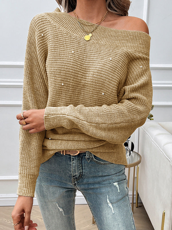 Solid Color Split-Joint Long Sleeves Loose Off-The-Shoulder Sweater Tops Pullovers
