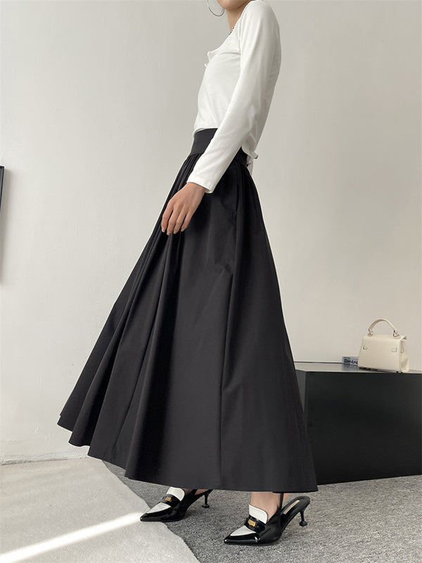 Pleated Solid Color Split-Joint A-Line High Waisted Skirts Bottoms