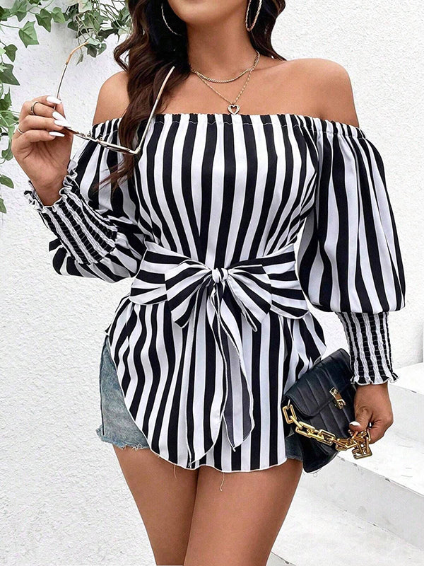 Contrast Color Elasticity Split-Joint Striped Tied Waist Long Sleeves Loose Off-The-Shoulder Blouses&Shirts Tops