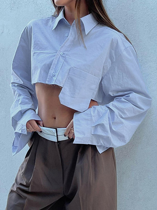 Asymmetric Buttoned Pockets Solid Color Split-Joint Long Sleeves Loose Lapel Blouses&Shirts Tops