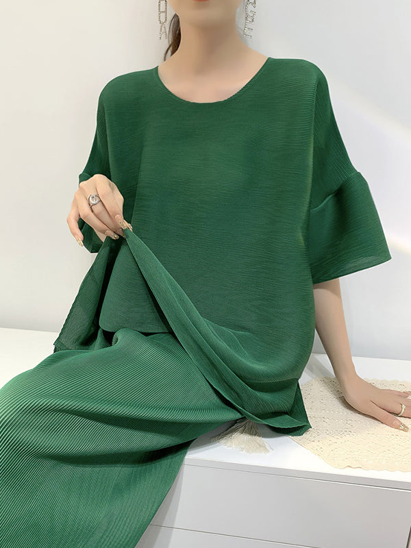 Elastics Pleated Solid Color Short Sleeves Wide Leg Round-neck Two Pieces Set