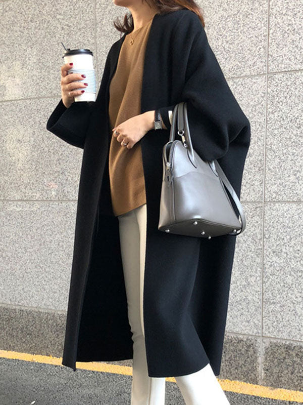 Solid Color Long Sleeves Loose Collarless Woolen Coat