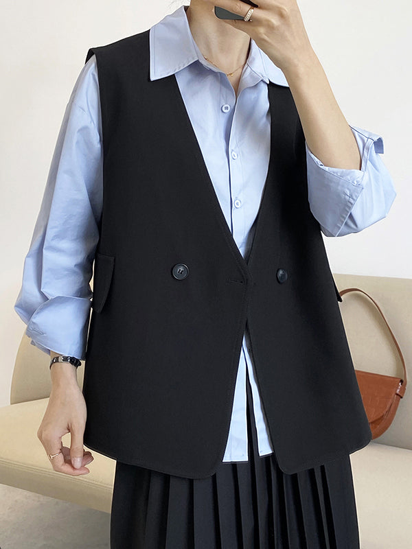 Pockets Split-Joint Loose Sleeveless V-Neck Vest Top