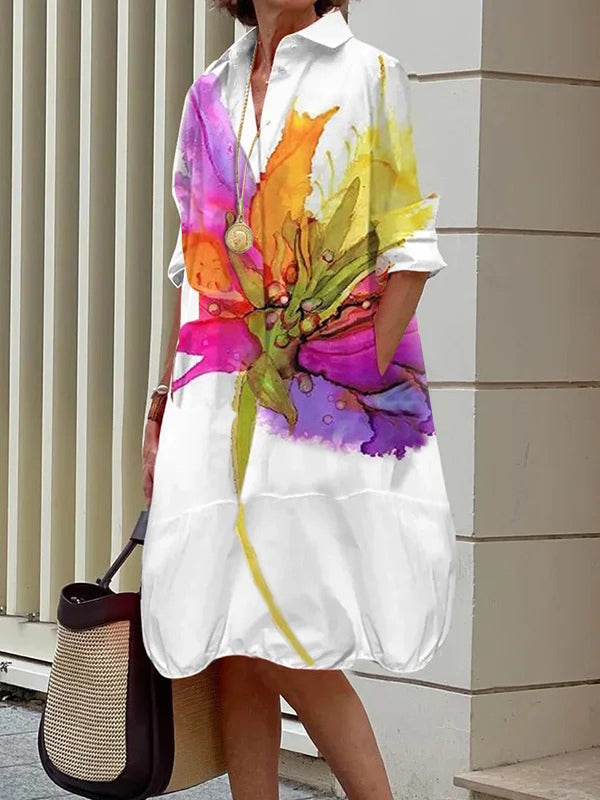 Floral Printed Split-Joint Long Sleeves Loose Lapel Shirt Dress Midi Dresses