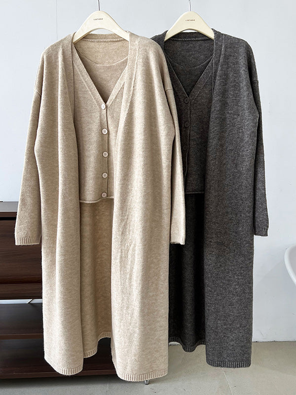 Buttoned Solid Color Long Sleeves Loose V-Neck Knit Vest + Cardigan Two Pieces Set
