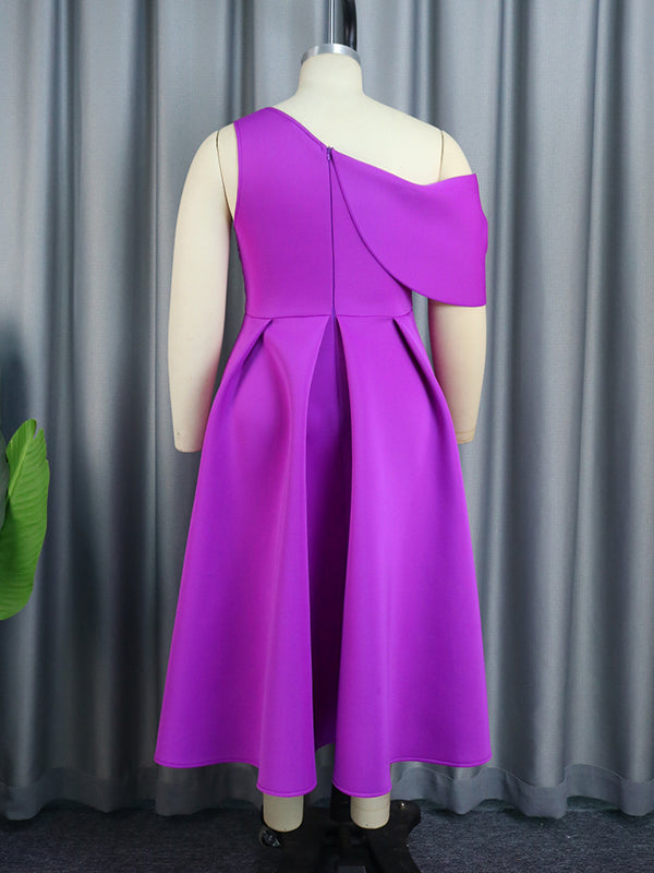 Hollow Pleated Solid Color Zipper Wrap One-Shoulder Midi Dresses