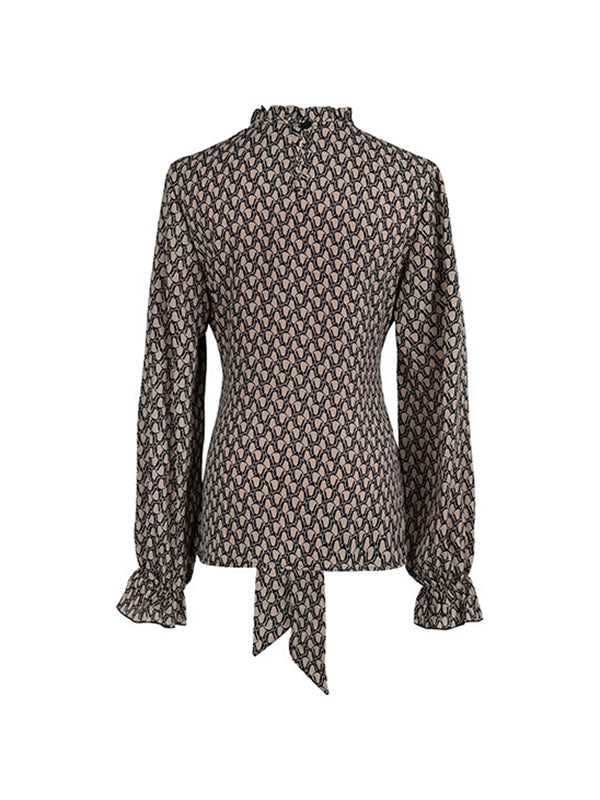 Bandage Belted Leopard Printed Long Sleeves Round-Neck Blouses&Shirts Tops