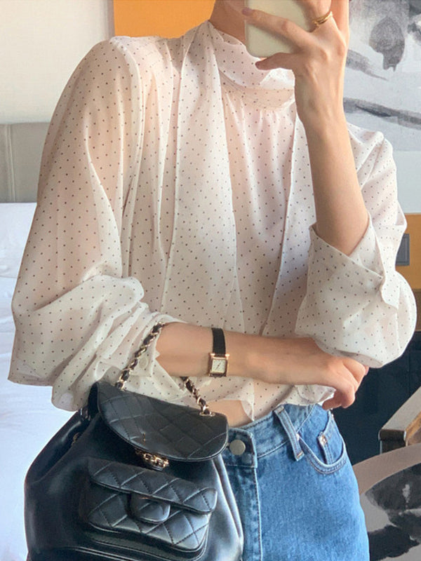 Polka-Dot See-Through Tied Long Sleeves Loose Mock Neck Blouses&Shirts Tops