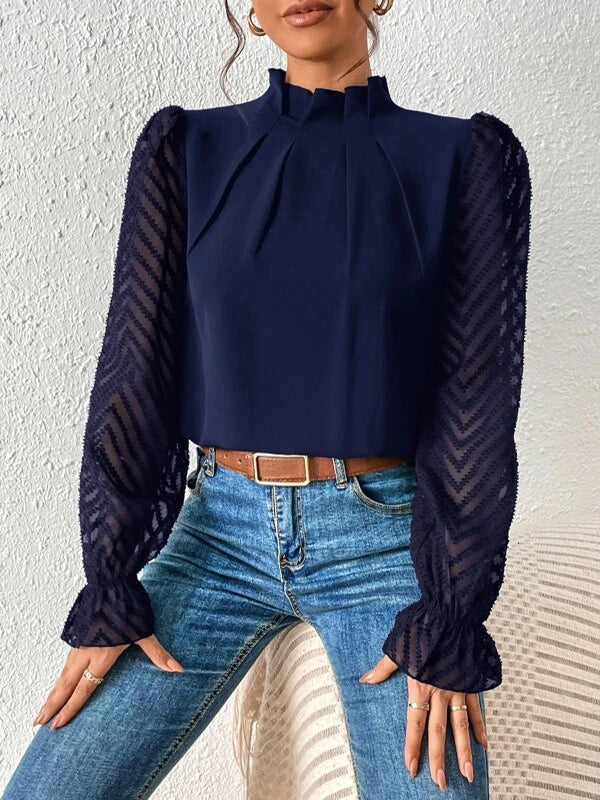 Elasticity Mesh Pleated Solid Color Long Sleeves Loose Mock Neck Blouses&Shirts Tops
