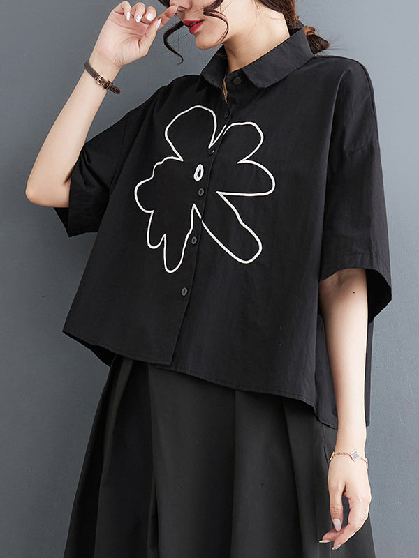 Floral Printed Loose Short Sleeves Lapel Blouses