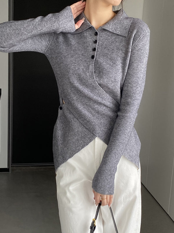 Asymmetric Buttoned Hollow Long Sleeves Skinny Lapel Sweater Pullovers Knitwear