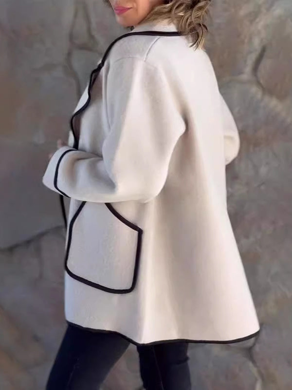 Buttoned Pockets Split-Joint Long Sleeves Loose Notched Collar Woolen Coat